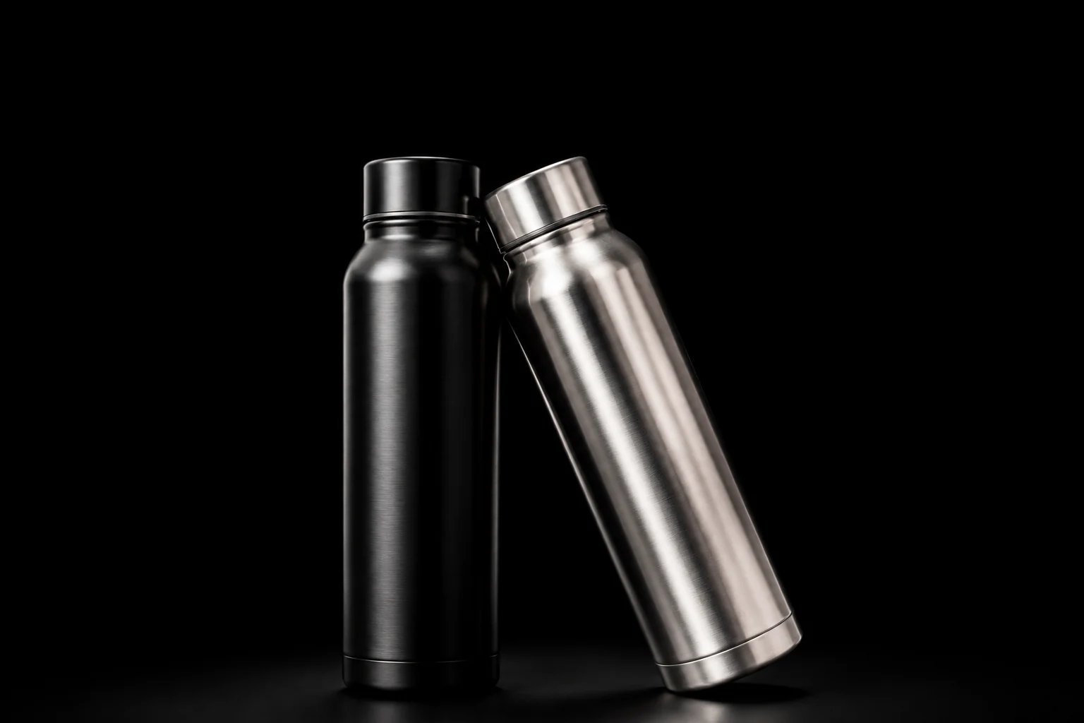 Graphite and brushed silver insulated bottles under dramatic studio lighting